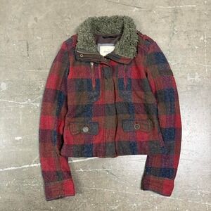 Abercrombie & Fitch Fur Plaid Jacket Women's Size S Hollister Grail Y2K